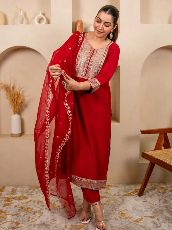VP 9750 R Red Embroidered Silk Blend Suit Set With Dupatta